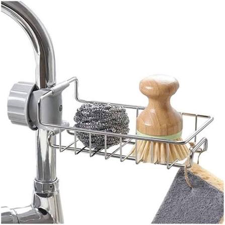 Spinfluencs Stainless Steel Adjusting Multifunctional Over Kitchen Sink Caddy Clamp Faucet Sponge Scrubber Holder Storage Hanging Shelf Draining Bathroom Tap Shampoo Soap Organizer Rack
